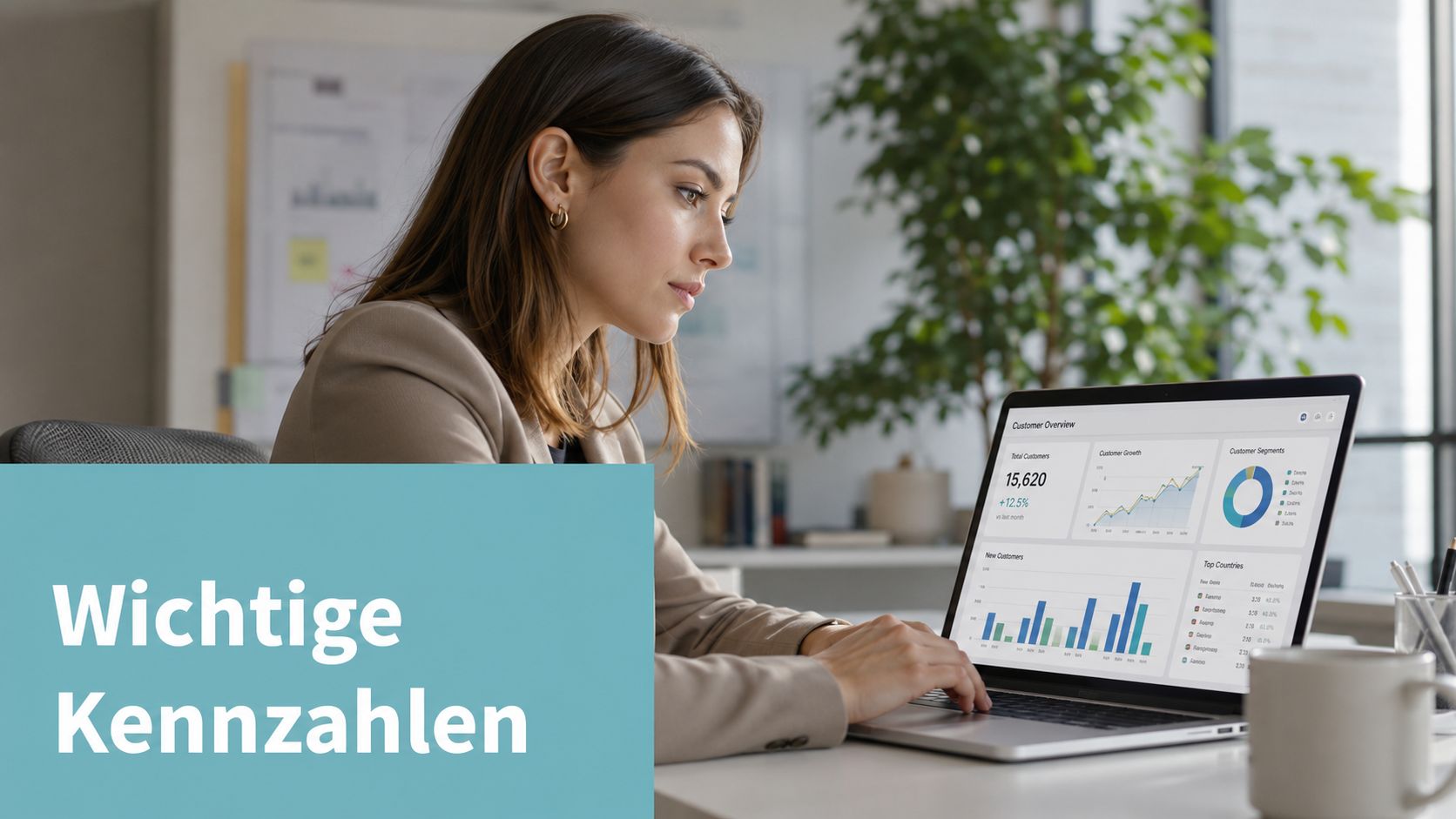 Eine Frau arbeitet an einem Laptop, auf dessen Bildschirm verschiedene Geschäftskennzahlen und Statistiken in einem Dashboard angezeigt werden.