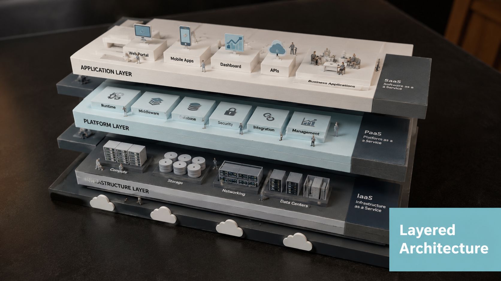 Ein dreidimensionales Modell, das die verschiedenen Schichten von Cloud Computing-Architekturen wie IaaS, PaaS und SaaS veranschaulicht.