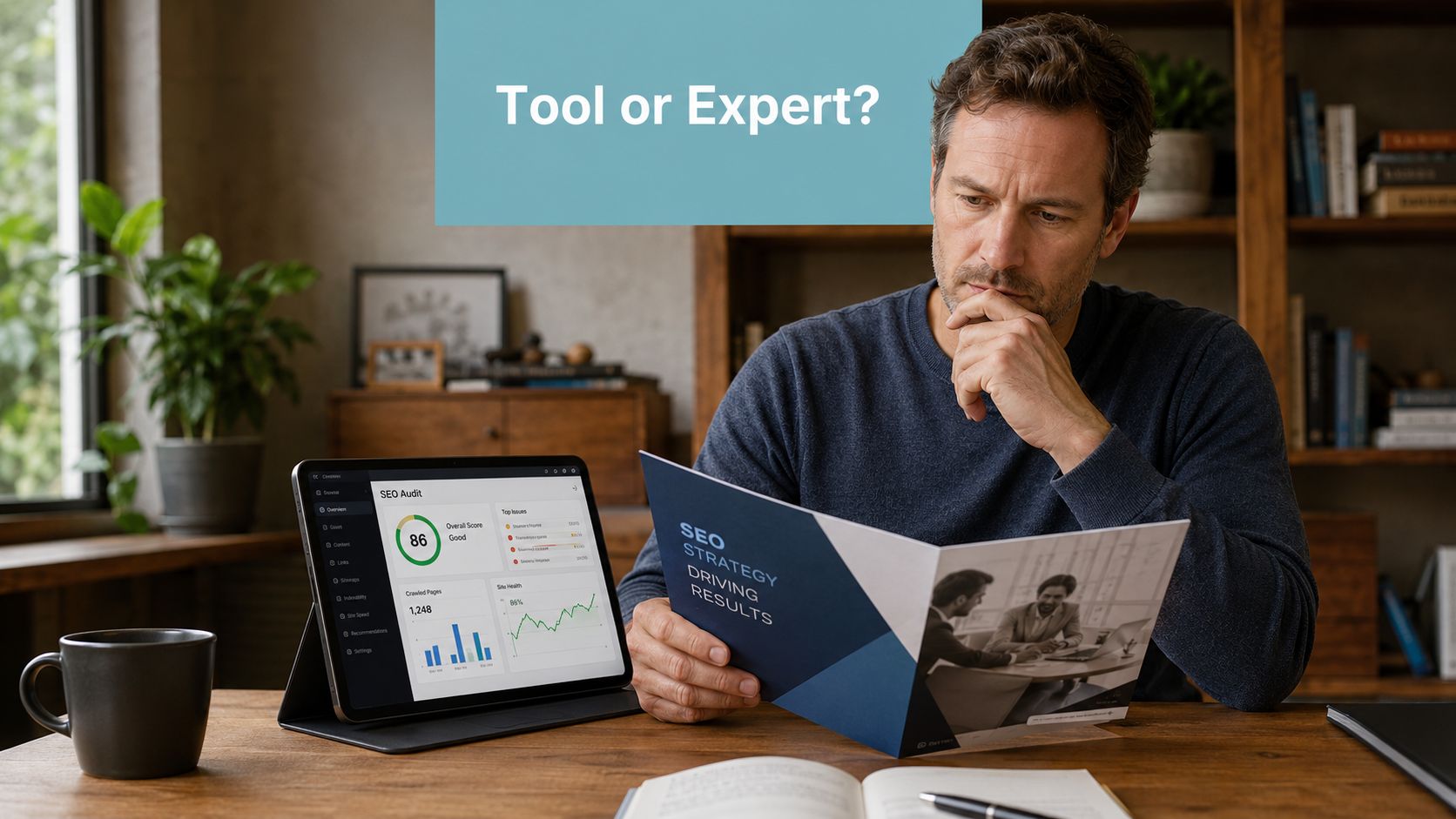 Ein Geschäftsmann liest konzentriert eine SEO-Strategiebroschüre neben einem Tablet mit einem angezeigten SEO-Audit-Bericht auf dem Schreibtisch.
