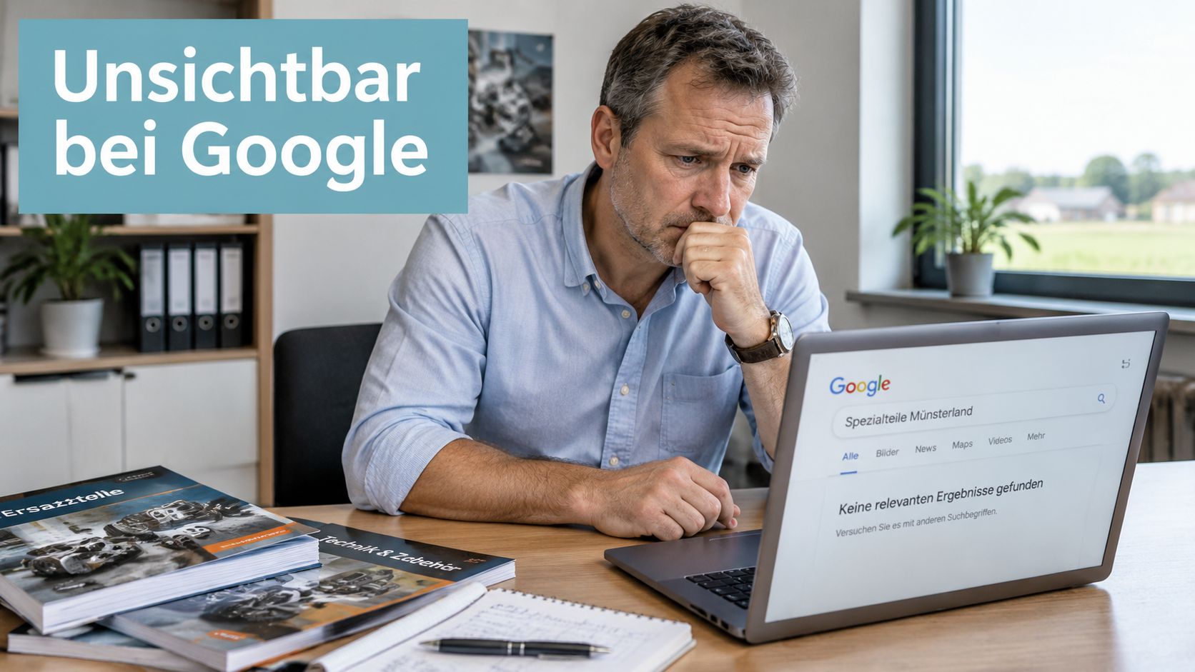 Ein frustrierter Geschäftsmann sieht auf seinem Laptop, dass sein Unternehmen bei Google nicht in den Suchergebnissen erscheint.