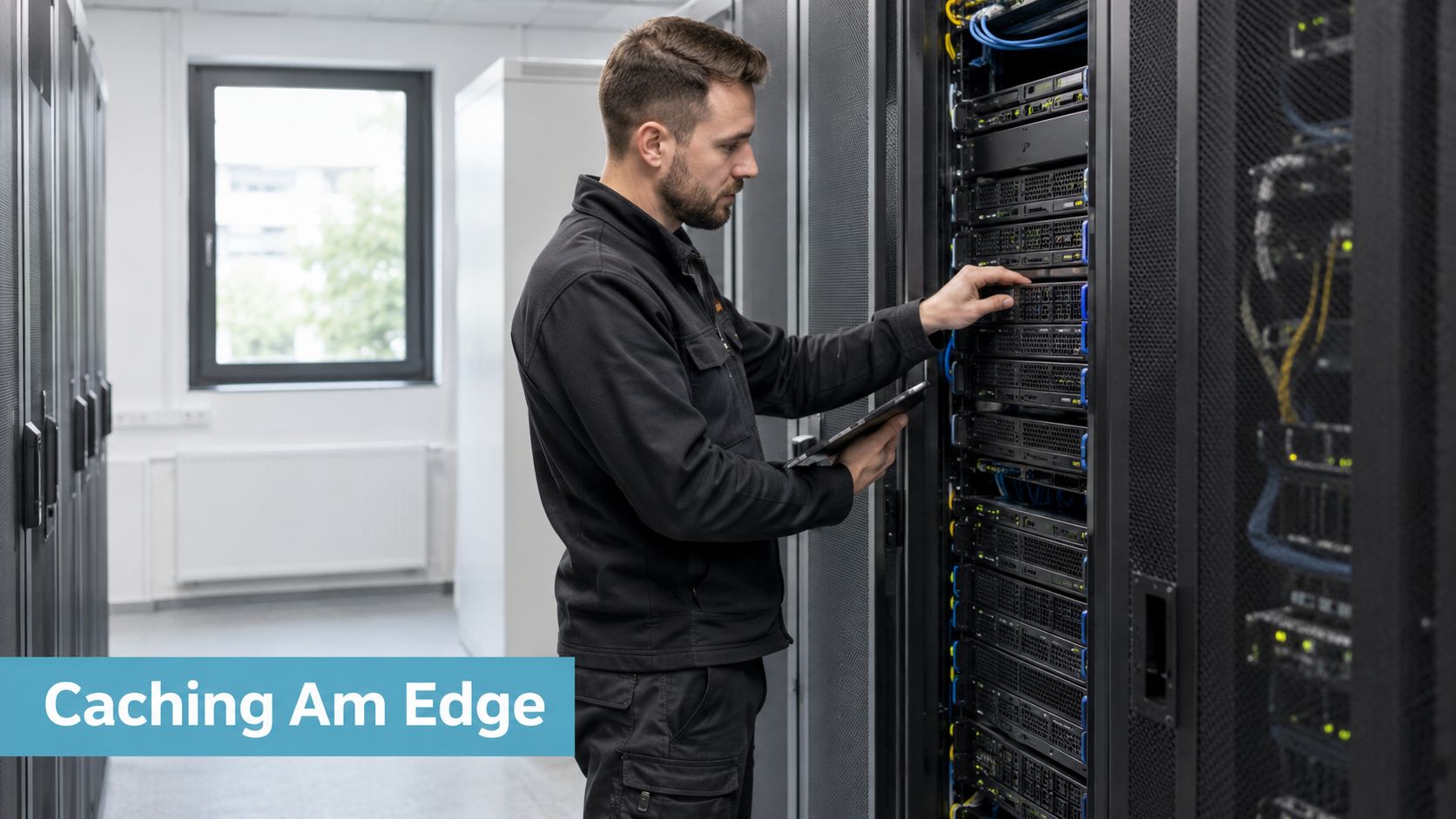 Ein Techniker in Arbeitskleidung überprüft einen Server in einem modernen Rechenzentrum mithilfe eines digitalen Tablets.