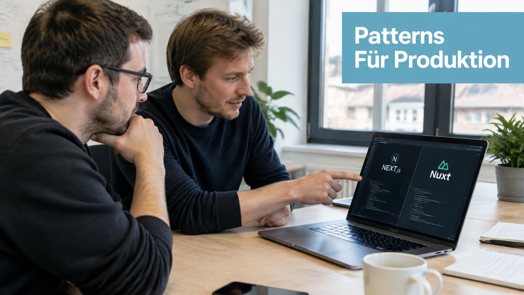 Zwei Entwickler diskutieren über Code auf einem Laptop mit Next.js und Nuxt.js Logos in einem modernen Büro.