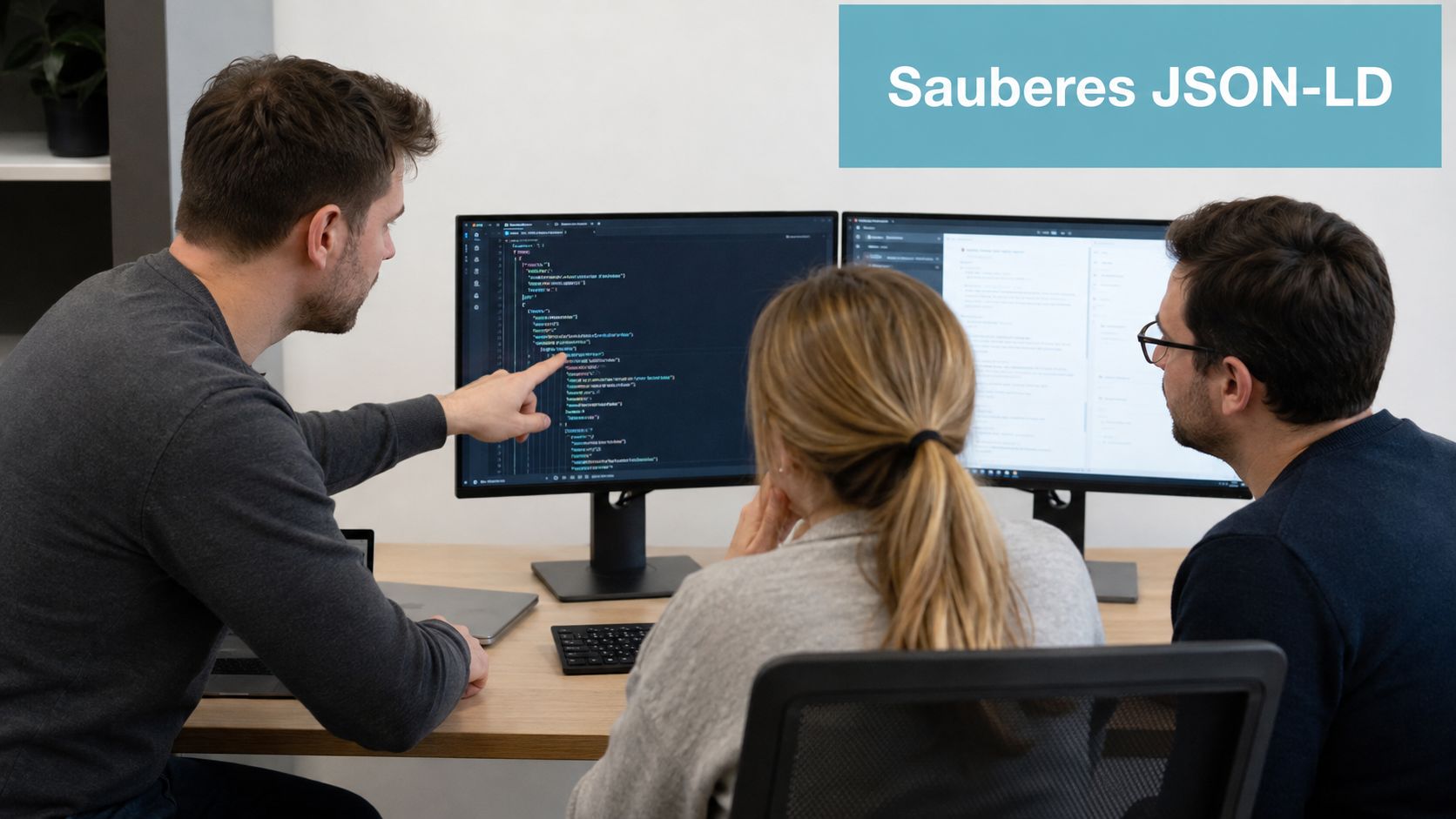Ein Team aus drei Softwareentwicklern arbeitet gemeinsam an der Optimierung von JSON-LD strukturierten Daten an ihren Computern.