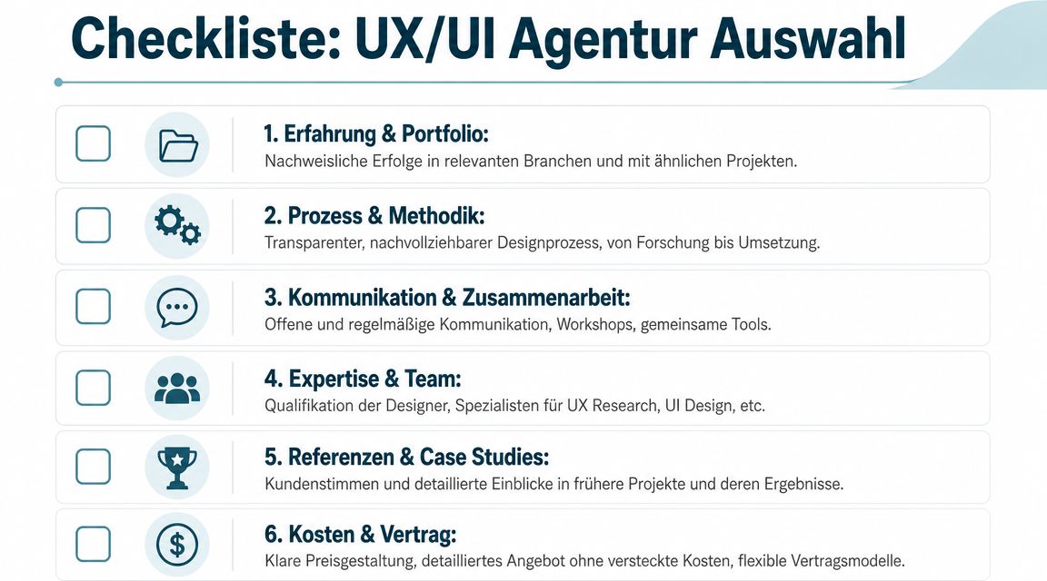 Eine Checkliste zur Auswahl einer geeigneten UX/UI Agentur mit sechs wichtigen Kriterien für den Auswahlprozess.