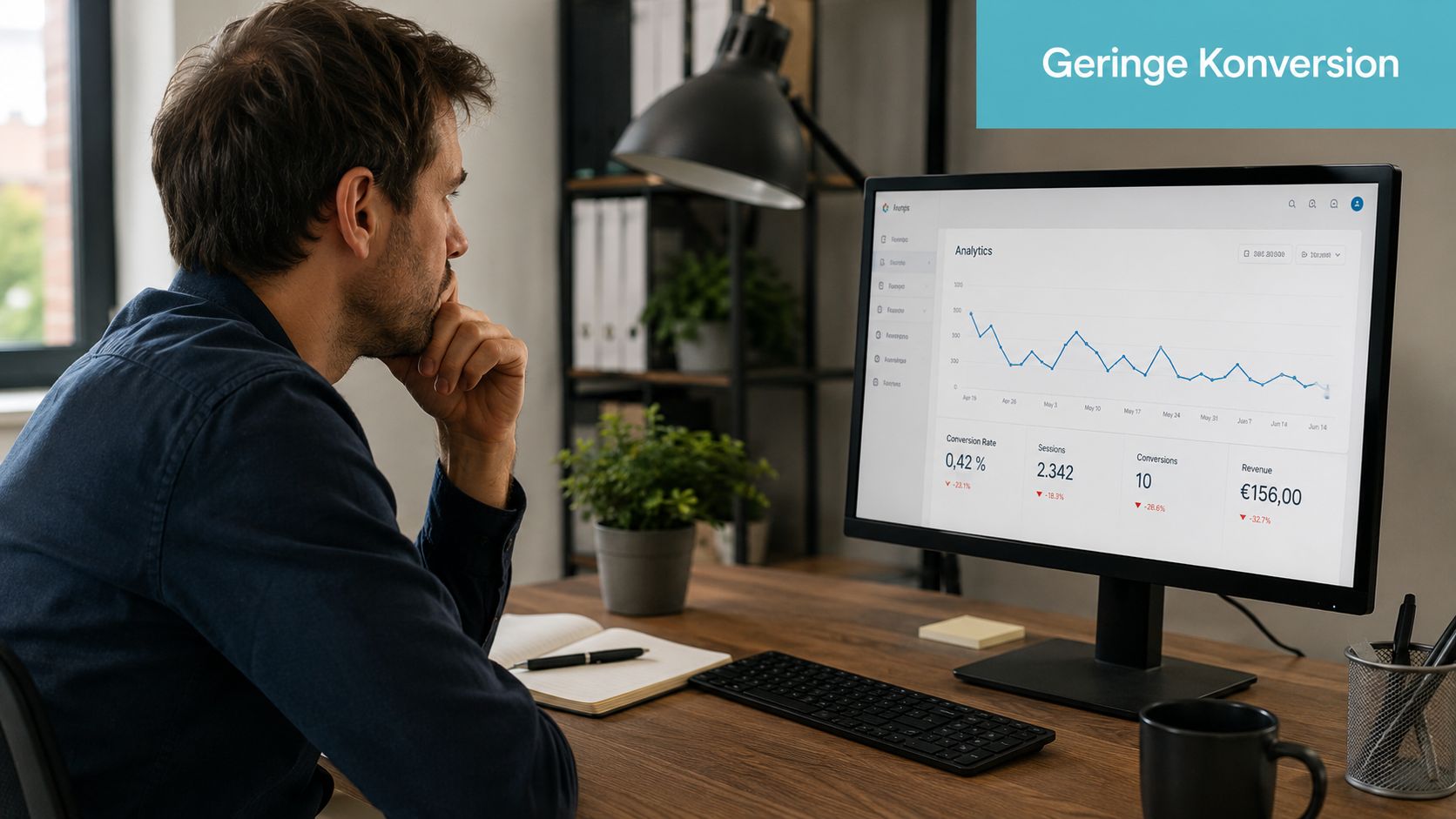 Ein Geschäftsmann betrachtet nachdenklich eine Analytics-Grafik mit sinkenden Konversionsraten auf einem modernen Computerbildschirm im Büro.