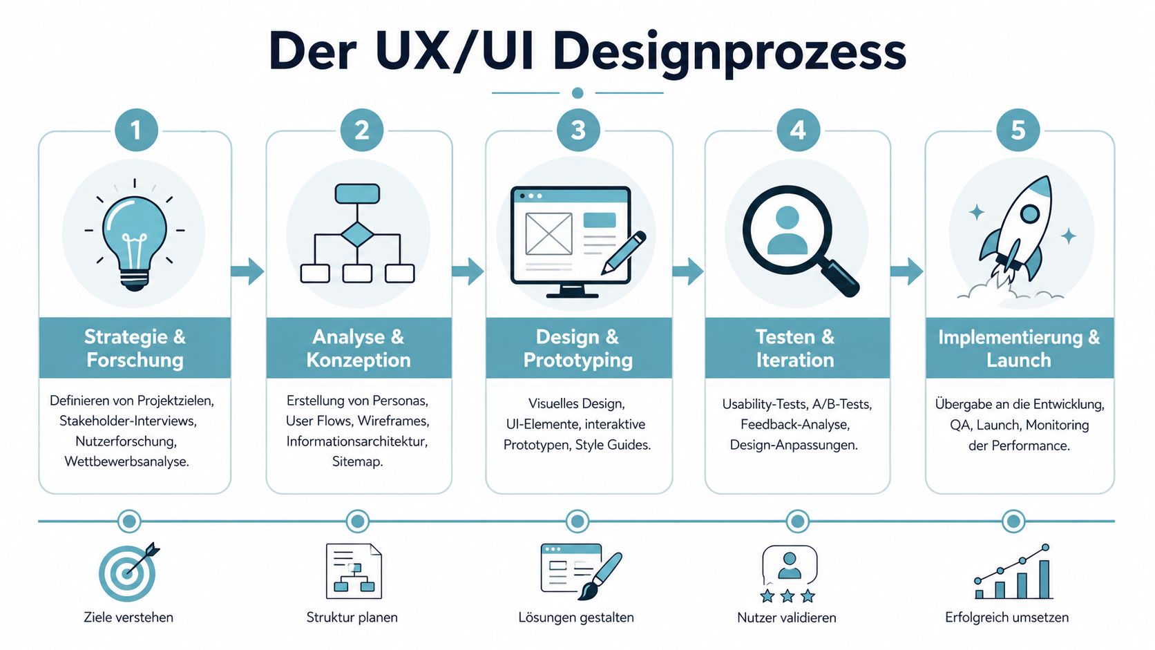 Eine Infografik, die die fünf Phasen des UX/UI-Designprozesses von der Strategie bis zur Implementierung übersichtlich darstellt.