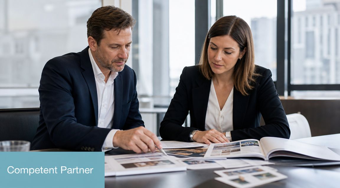 Zwei professionelle Geschäftspartner sitzen im Büro und besprechen gemeinsam Unterlagen während eines Meetings am Tisch.