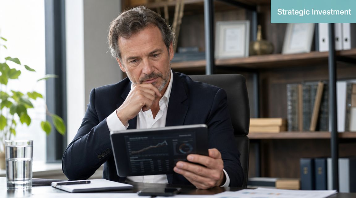 Ein fokussierter Geschäftsmann betrachtet eine Finanzanalyse auf einem Tablet in seinem modernen und professionellen Büro.