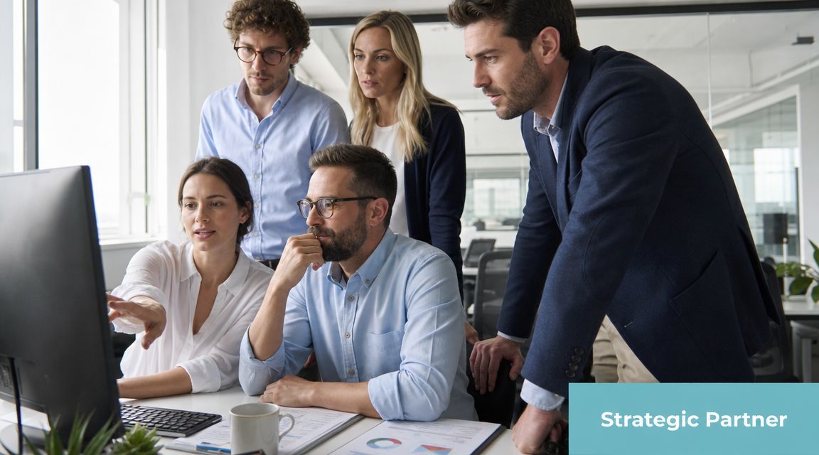 Ein professionelles Team bespricht gemeinsam eine Strategie an einem Computerbildschirm in einem modernen hellen Büro.