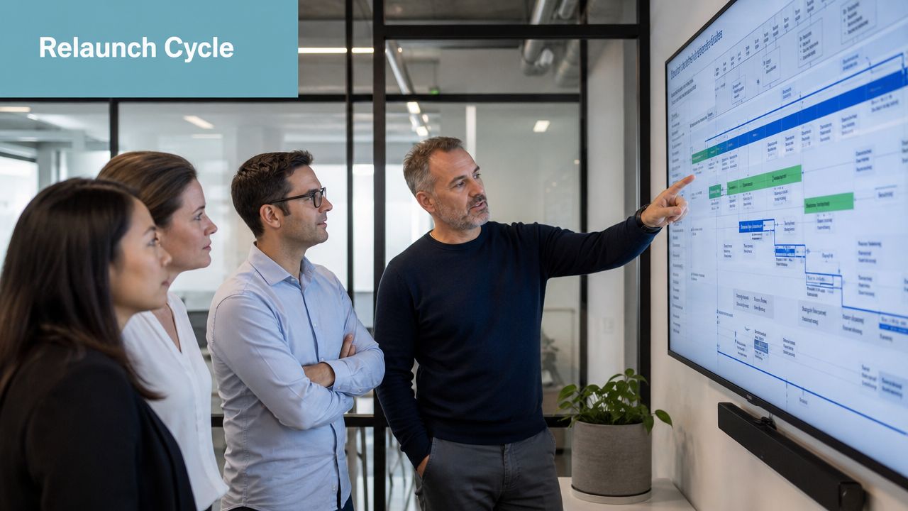 Ein Beraterteam bespricht einen Website-Relaunch-Zeitplan gemeinsam vor einem großen Bildschirm in einem modernen Büro.