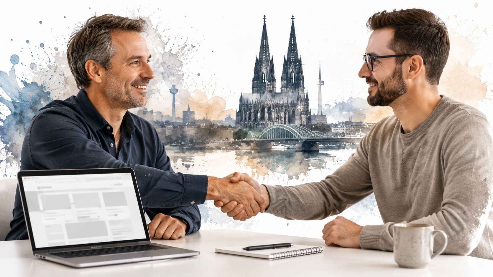 Zwei zufriedene Geschäftspartner schütteln sich die Hand vor einer stilisierten Illustration des Kölner Doms mit Laptop.