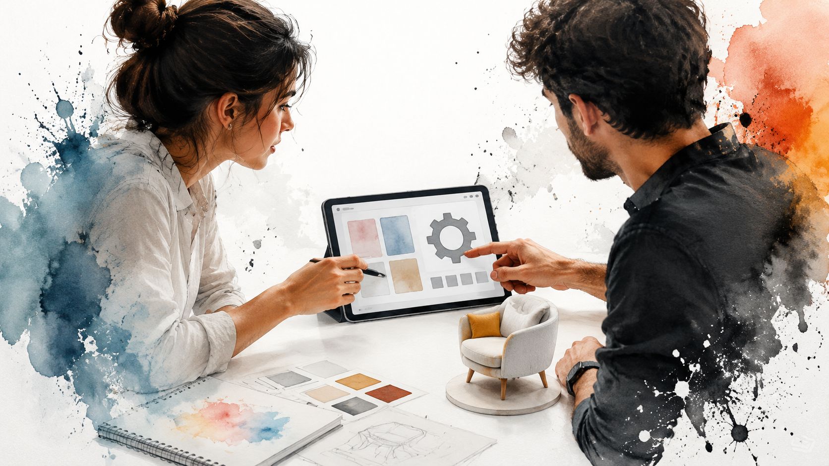 Zwei Designer arbeiten an einem Projekt mit einem Tablet, Farbmustern und einem kleinen Modellstuhl im Büro.