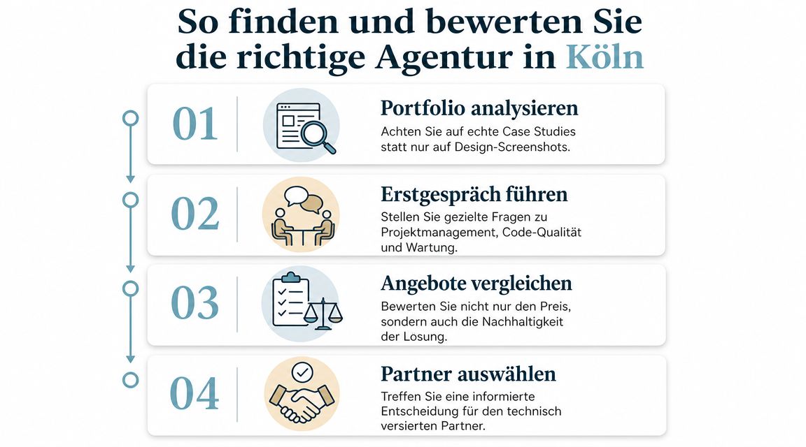 Eine Infografik, die den 6-phasigen Projektablauf einer WordPress Agentur darstellt: 1. Strategie-Workshop, 2. UX/UI-Konzeption & Design, 3. Technische Entwicklung, 4. Content & QA, 5. Go-live, 6. Übergabe & Support. Jede Phase ist mit einem Icon und einer kurzen Beschreibung versehen.